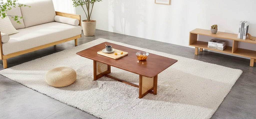 Tavolino da Caffè in Rattan 47W, Tavolino Cocktail in Legno, Tavolino Rettangolare da Divano, Naturale/Marrone-Modernluxe