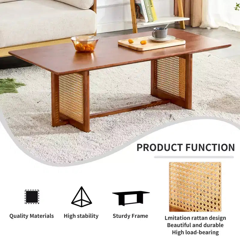 Tavolino da Caffè in Rattan 47W, Tavolino Cocktail in Legno, Tavolino Rettangolare da Divano, Naturale/Marrone-Modernluxe