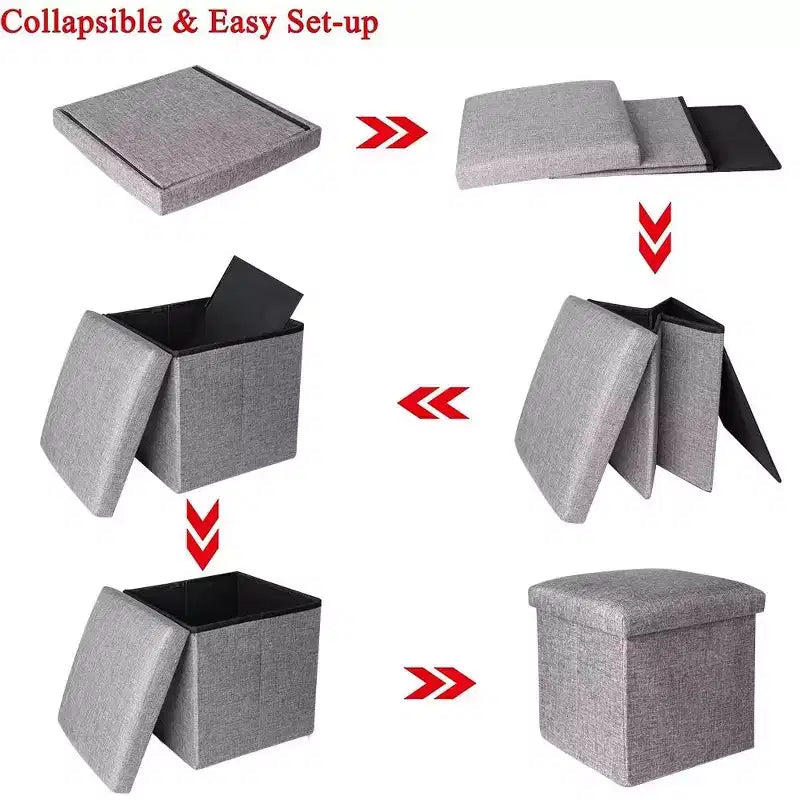 Swtroom Poggiapiedi Cubo Ottomano Quadrato Sgabello Pieghevole 4 in 1 Scatole Contenitore 30,5 cm Lino Grigio