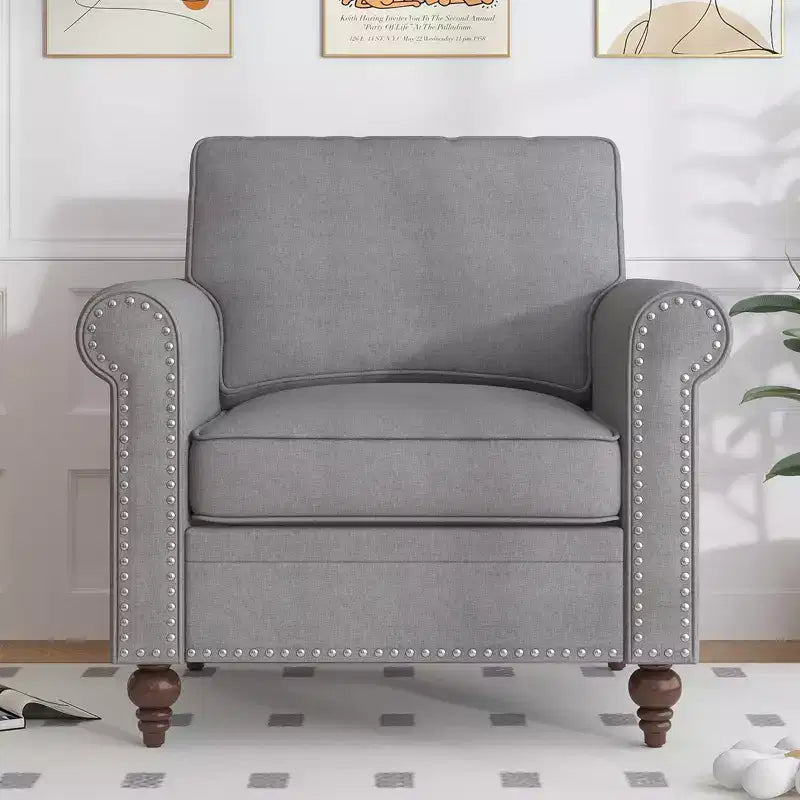 Mjkone Poltrona di design moderno con rivetti, in tessuto di lino, Divano singolo, Divano a 1 posto in stile Mid Century per casa/ufficio/appartamento