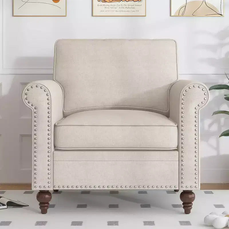 Mjkone Poltrona di design moderno con rivetti, in tessuto di lino, Divano singolo, Divano a 1 posto in stile Mid Century per casa/ufficio/appartamento