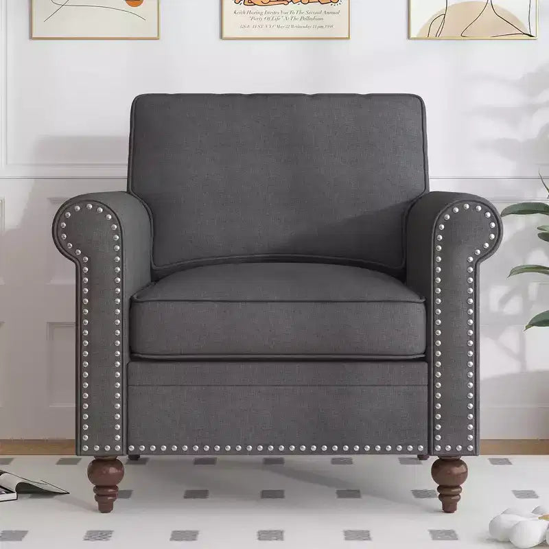 Mjkone Poltrona di design moderno con rivetti, in tessuto di lino, Divano singolo, Divano a 1 posto in stile Mid Century per casa/ufficio/appartamento