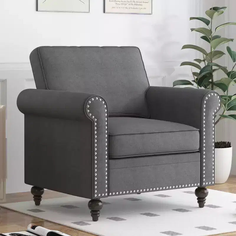 Mjkone Poltrona di design moderno con rivetti, in tessuto di lino, Divano singolo, Divano a 1 posto in stile Mid Century per casa/ufficio/appartamento