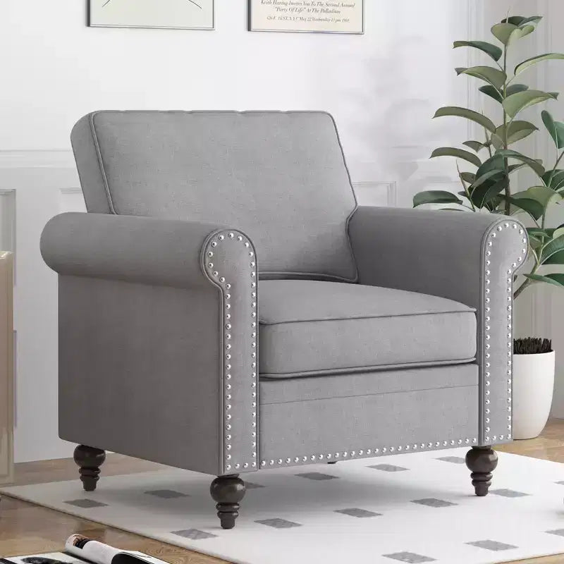 Mjkone Poltrona di design moderno con rivetti, in tessuto di lino, Divano singolo, Divano a 1 posto in stile Mid Century per casa/ufficio/appartamento