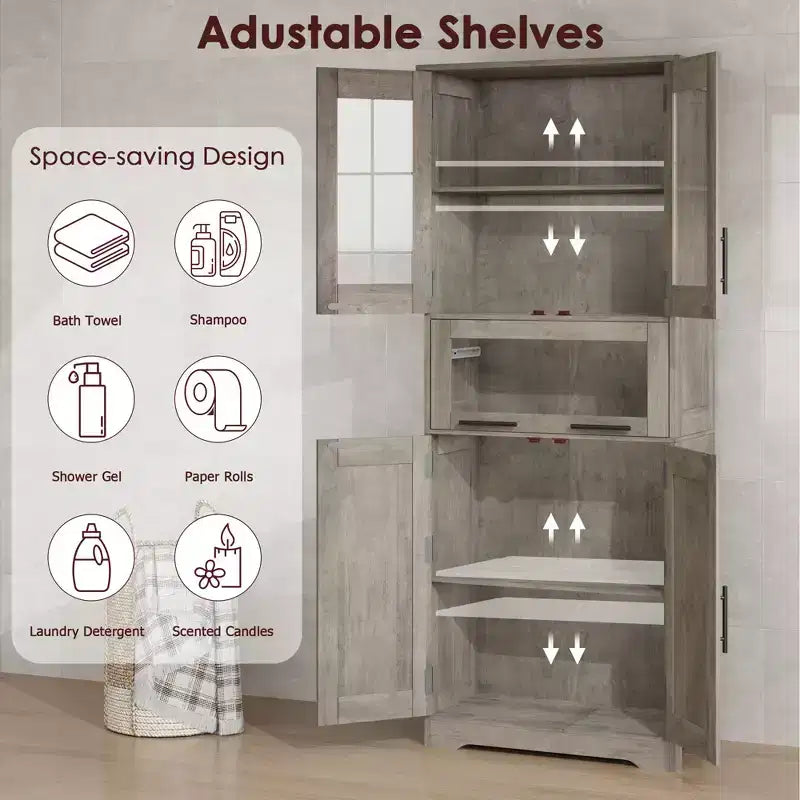 Armadietto da bagno alto, mobiletto indipendente per la biancheria con ante e ripiani regolabili, 170 cm H, per soggiorno o dispensa da cucina