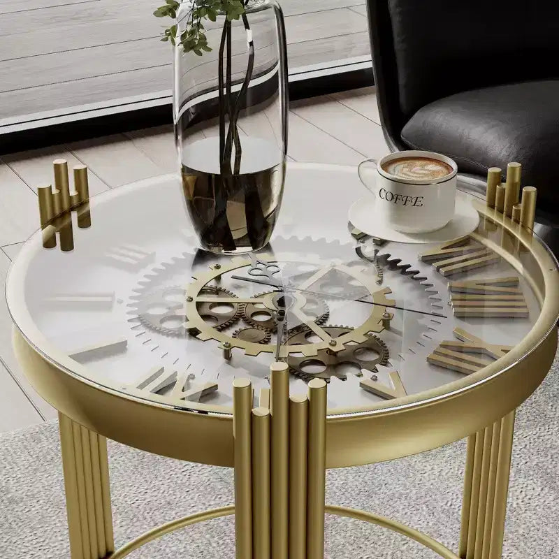 Tavolino rotondo Famapy Gold Top con ingranaggi rotanti, comodino, tavolino d'appoggio