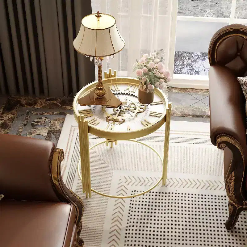 Tavolino rotondo Famapy Gold Top con ingranaggi rotanti, comodino, tavolino d'appoggio