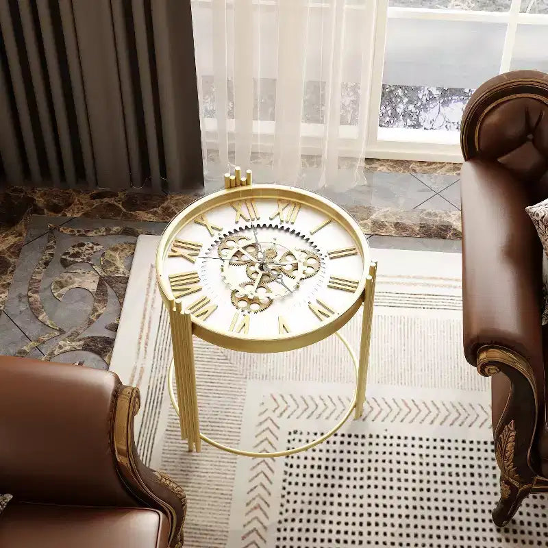 Tavolino rotondo Famapy Gold Top con ingranaggi rotanti, comodino, tavolino d'appoggio