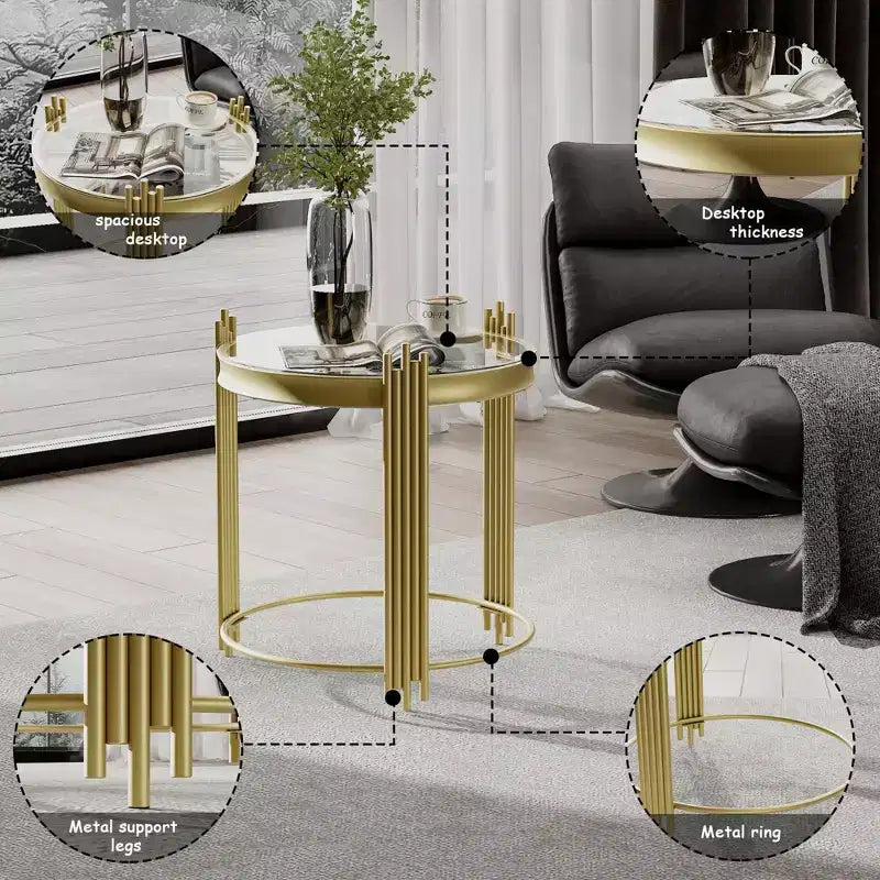 Tavolino rotondo Famapy Gold Top con ingranaggi rotanti, comodino, tavolino d'appoggio