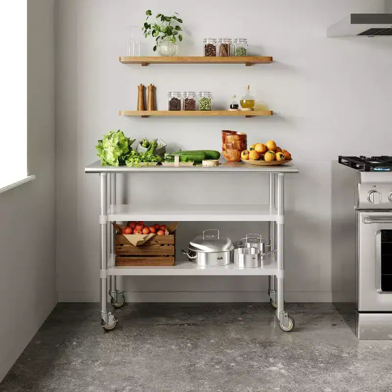 Flash Furniture Rawcliffe, tavolo da lavoro e preparazione in acciaio inox certificato NSF, 61x122 cm, con 2 ripiani inferiori in acciaio zincato e 4 ruote con 2 freni