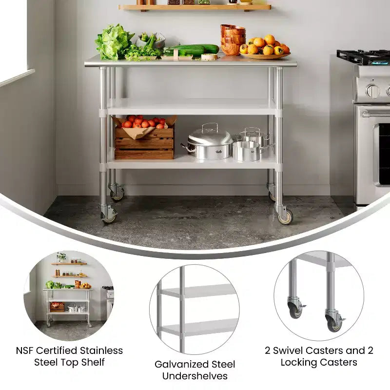 Flash Furniture Rawcliffe, tavolo da lavoro e preparazione in acciaio inox certificato NSF, 61x122 cm, con 2 ripiani inferiori in acciaio zincato e 4 ruote con 2 freni