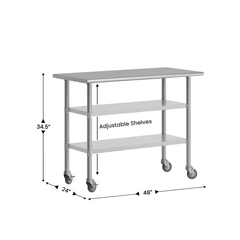Flash Furniture Rawcliffe, tavolo da lavoro e preparazione in acciaio inox certificato NSF, 61x122 cm, con 2 ripiani inferiori in acciaio zincato e 4 ruote con 2 freni