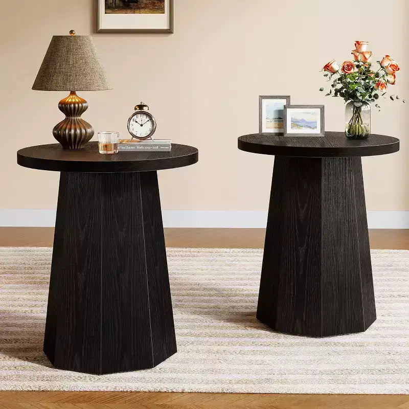 Tavolino rotondo con piedistallo Lantine, tavolino da divano in stile rustico con base ottagonale, comodino d'appoggio in legno per bevande (1, nero)
