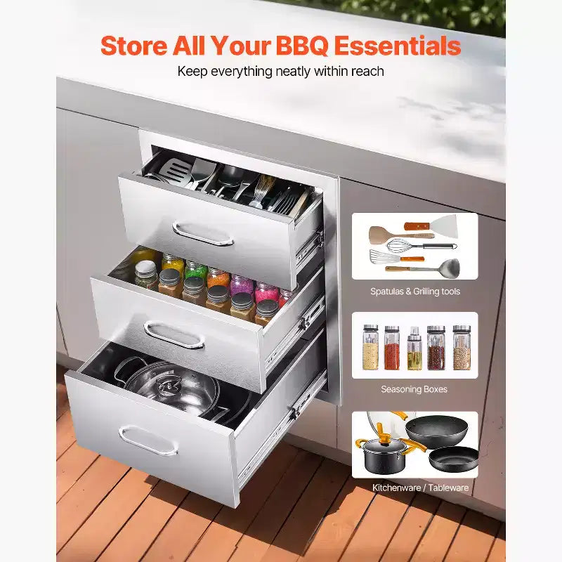 VEVOR Cassetti da Esterno per Cucina 46L x 59P x 59A cm, Cassettiera Modulare a Triplo Accesso in Acciaio Inox con Maniglie, Argento