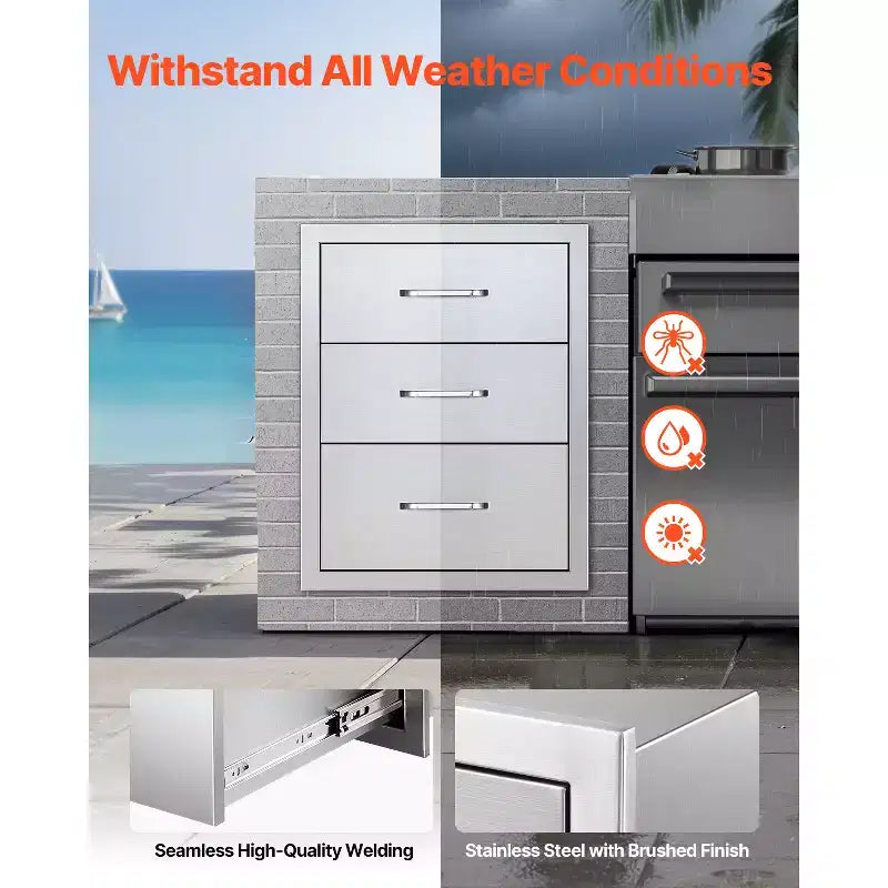 VEVOR Cassetti da Esterno per Cucina 46L x 59P x 59A cm, Cassettiera Modulare a Triplo Accesso in Acciaio Inox con Maniglie, Argento