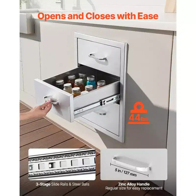 VEVOR Cassetti da Esterno per Cucina 46L x 59P x 59A cm, Cassettiera Modulare a Triplo Accesso in Acciaio Inox con Maniglie, Argento