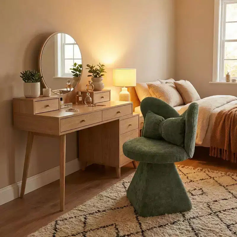 Poltrona girevole imbottita FurnitureR con cuscino, sedia da vanità scultorea con schienale curvo per camera da letto, soggiorno o zona trucco