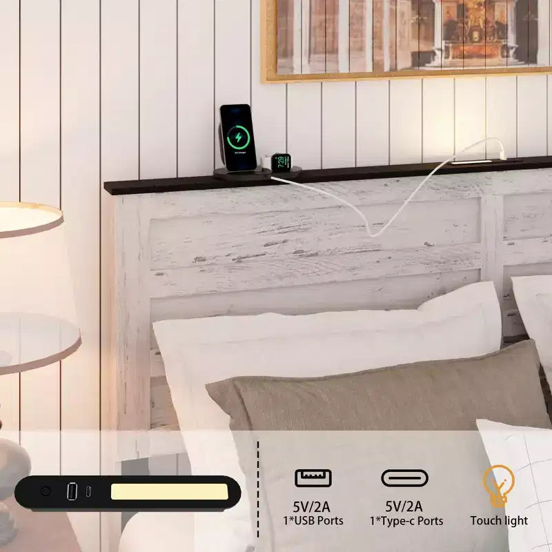 Letto a piattaforma matrimoniale/queen size con testiera imbottita e contenitore, struttura letto a piattaforma in legno con stazione di ricarica e luci a LED