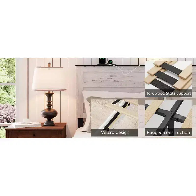 Letto a piattaforma matrimoniale/queen size con testiera imbottita e contenitore, struttura letto a piattaforma in legno con stazione di ricarica e luci a LED