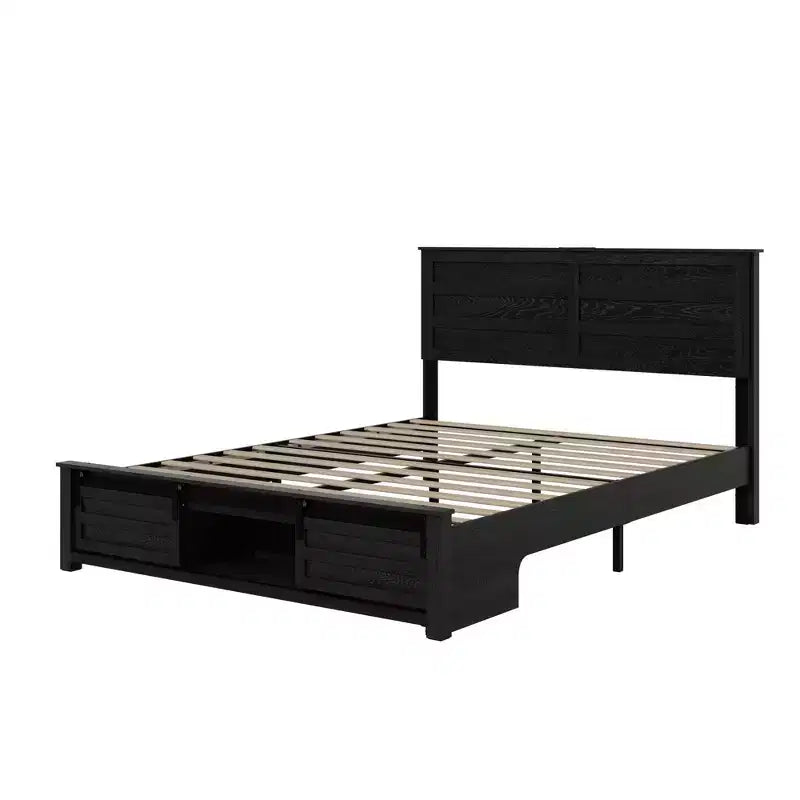 Letto a piattaforma matrimoniale/queen size con testiera imbottita e contenitore, struttura letto a piattaforma in legno con stazione di ricarica e luci a LED