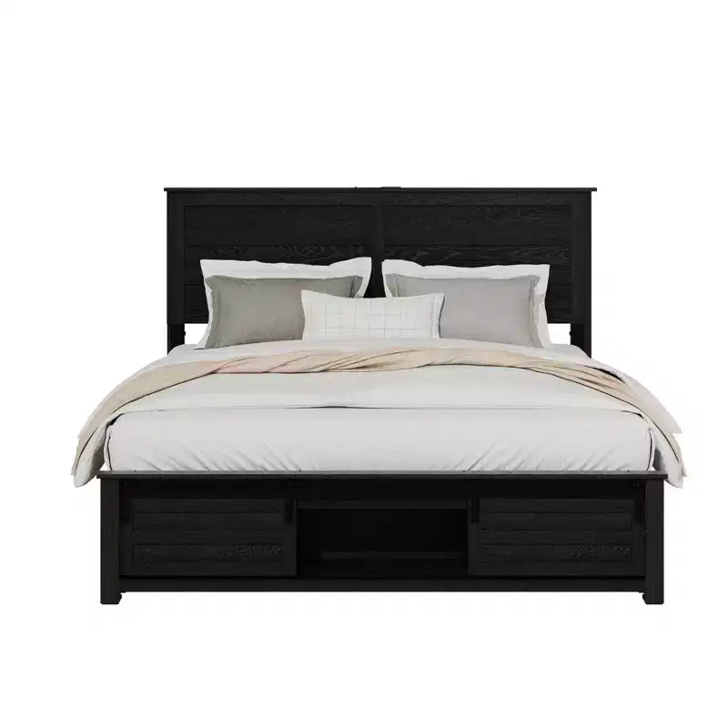 Letto a piattaforma matrimoniale/queen size con testiera imbottita e contenitore, struttura letto a piattaforma in legno con stazione di ricarica e luci a LED