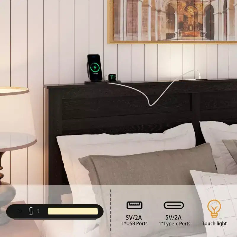 Letto a piattaforma matrimoniale/queen size con testiera imbottita e contenitore, struttura letto a piattaforma in legno con stazione di ricarica e luci a LED