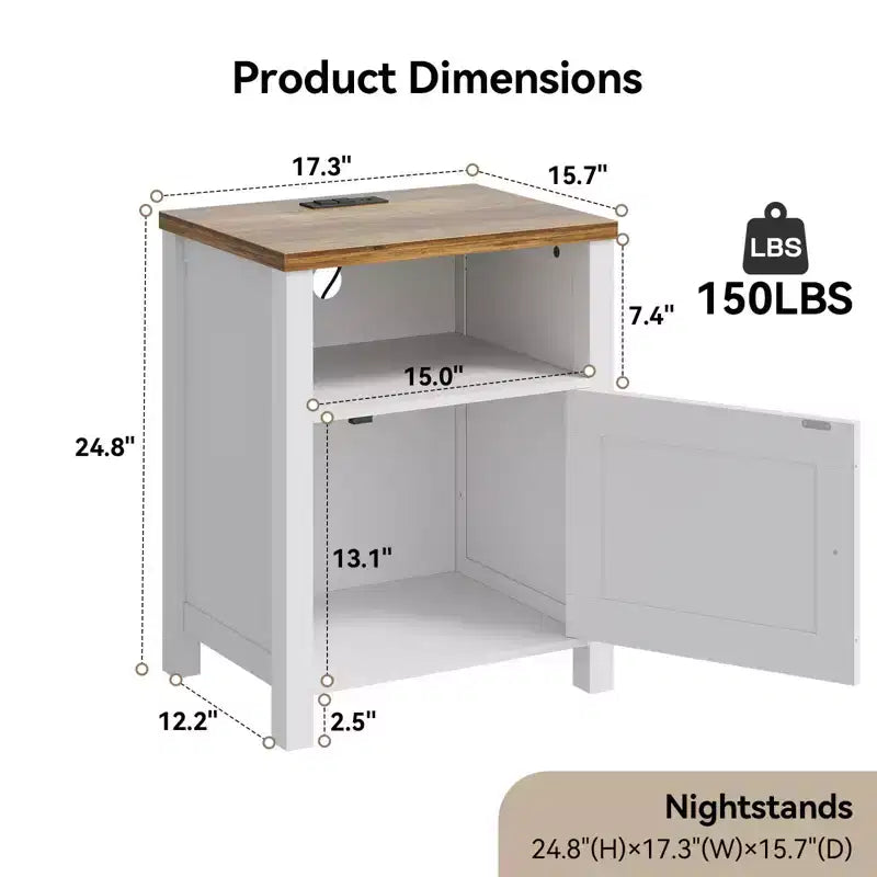 Comodino contenitore in stile rustico con porta USB e presa di corrente integrata; Dotato di ripiani aperti e armadietti chiusi, comodino con contenitore