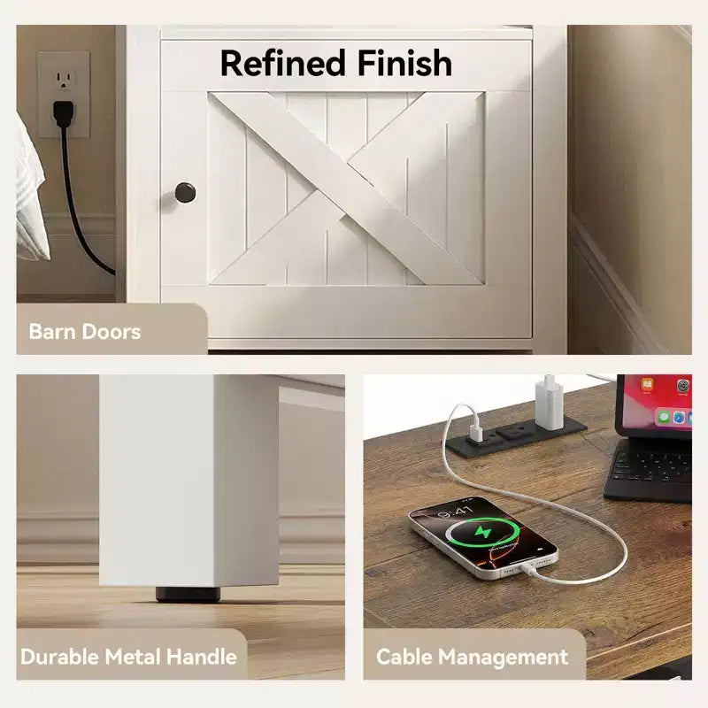 Comodino contenitore in stile rustico con porta USB e presa di corrente integrata; Dotato di ripiani aperti e armadietti chiusi, comodino con contenitore