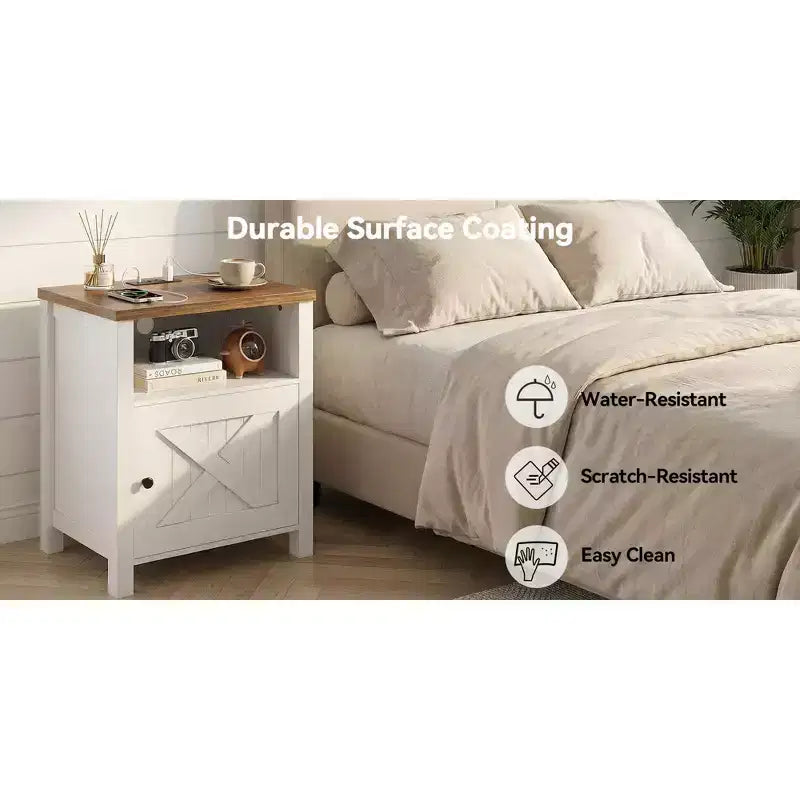 Comodino contenitore in stile rustico con porta USB e presa di corrente integrata; Dotato di ripiani aperti e armadietti chiusi, comodino con contenitore