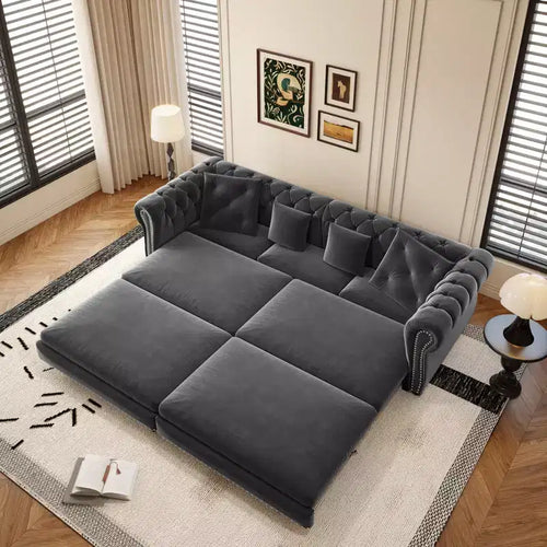 Chesterfield 3-in-1 Pull-Out Sofa Bed, King Size Convertible Sleeper Sofa with Chaise & Movable Ottoman, Velvet Tufted 3-Seater Couch, Charcoal Gray