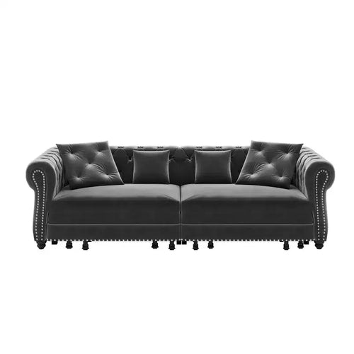 Divano letto estraibile 3 in 1, divano letto convertibile king-size con chaise longue e pouf mobile, divano a 3 posti in velluto capitonné, grigio antracite