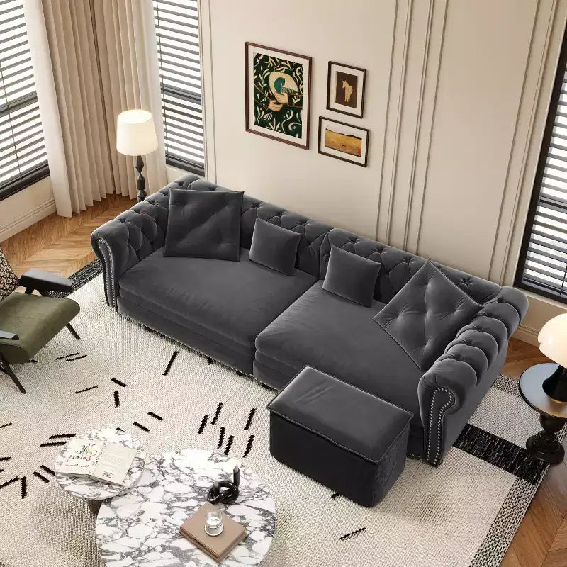 Divano letto estraibile 3 in 1 Chesterfield, divano letto convertibile king-size con chaise longue e pouf mobile, divano a 3 posti in velluto trapuntato, grigio antracite