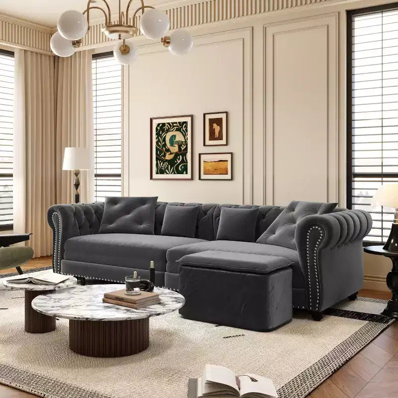 Divano letto estraibile 3 in 1 Chesterfield, divano letto convertibile king-size con chaise longue e pouf mobile, divano a 3 posti in velluto trapuntato, grigio antracite