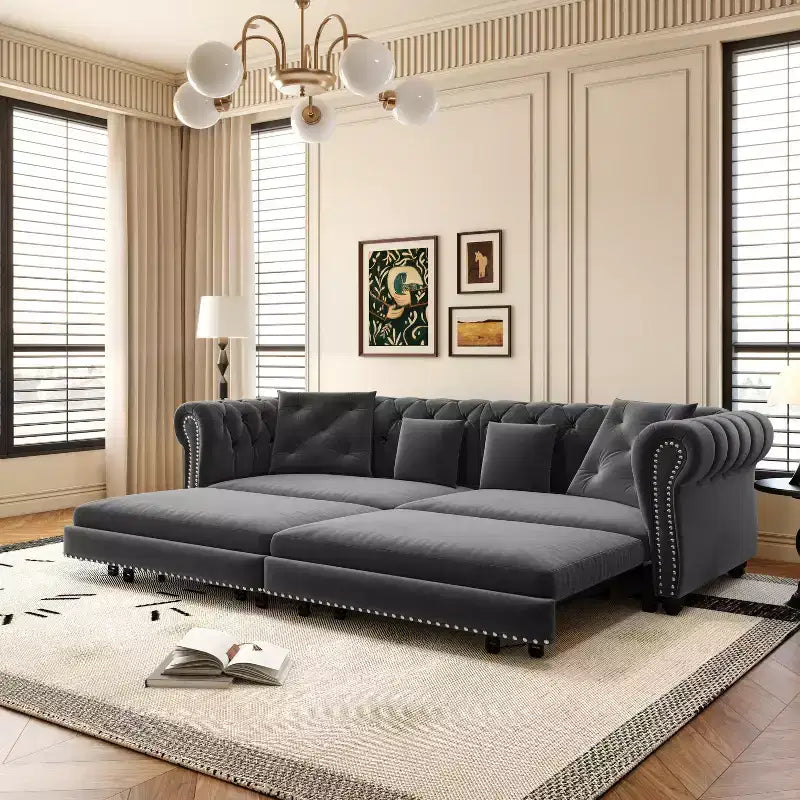 Divano letto estraibile 3 in 1 Chesterfield, divano letto convertibile king-size con chaise longue e pouf mobile, divano a 3 posti in velluto trapuntato, grigio antracite