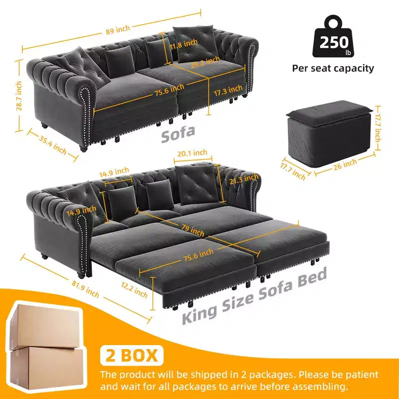 Divano letto estraibile 3 in 1 Chesterfield, divano letto convertibile king-size con chaise longue e pouf mobile, divano a 3 posti in velluto trapuntato, grigio antracite