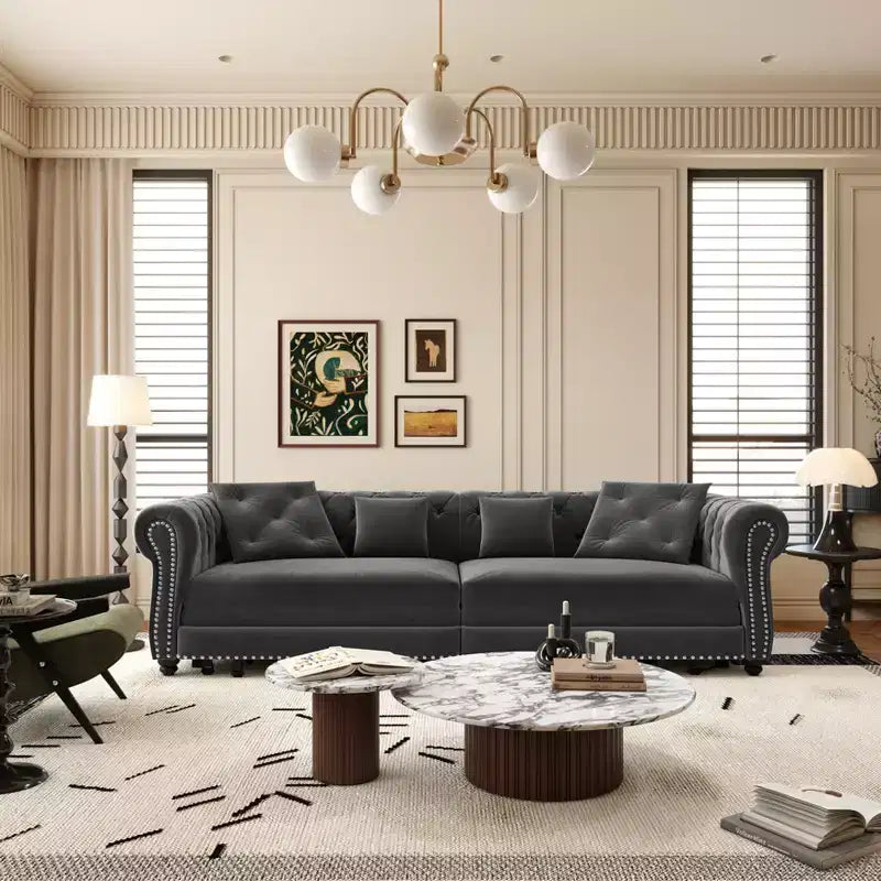 Divano letto estraibile 3 in 1 Chesterfield, divano letto convertibile king-size con chaise longue e pouf mobile, divano a 3 posti in velluto trapuntato, grigio antracite