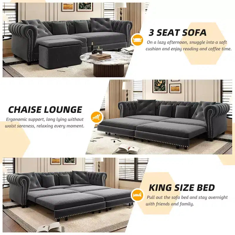 Divano letto estraibile 3 in 1 Chesterfield, divano letto convertibile king-size con chaise longue e pouf mobile, divano a 3 posti in velluto trapuntato, grigio antracite