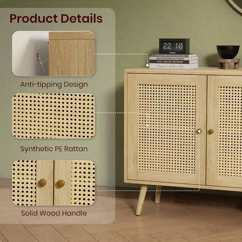 47.2 Credenza a buffet in rattan con 3 ante, credenza a buffet in stile bohémien con ripiani regolabili, consolle per soggiorno, sala da pranzo