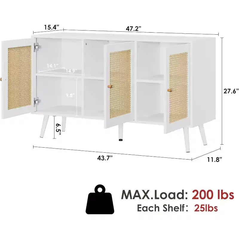 47.2 Credenza a buffet in rattan con 3 ante, credenza a buffet in stile bohémien con ripiani regolabili, consolle per soggiorno, sala da pranzo