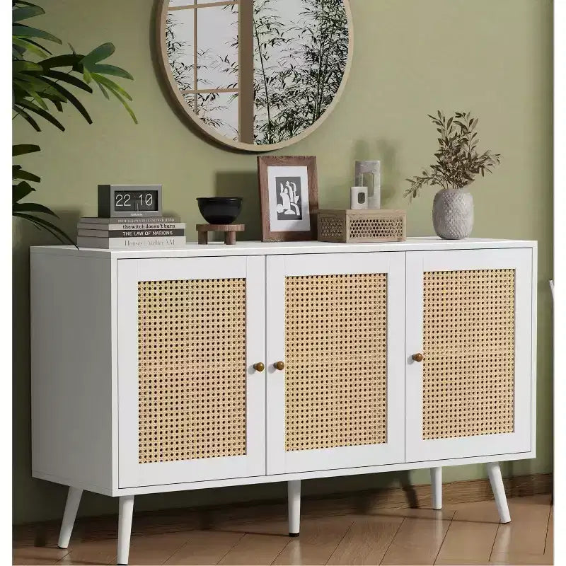 47.2 Credenza a buffet in rattan con 3 ante, credenza a buffet in stile bohémien con ripiani regolabili, consolle per soggiorno, sala da pranzo