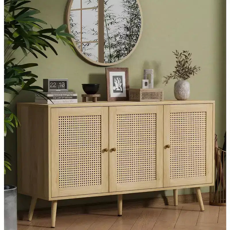 47.2 Credenza a buffet in rattan con 3 ante, credenza a buffet in stile bohémien con ripiani regolabili, consolle per soggiorno, sala da pranzo