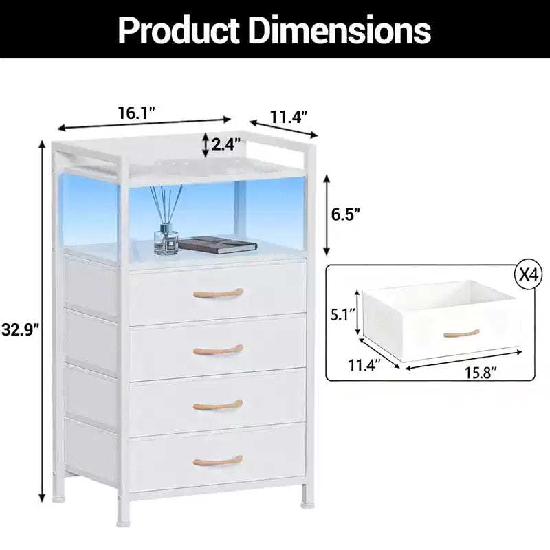 Comodino alto moderno con luci a LED - 4 cassetti in tessuto, ripiano superiore, struttura in acciaio, armadietto stretto per camera da letto, dormitorio, tavolino laterale per divano in corridoio