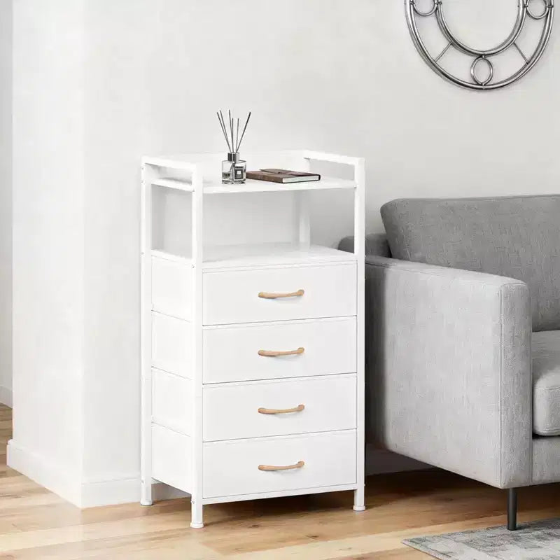 Comodino alto moderno con luci a LED - 4 cassetti in tessuto, ripiano superiore, struttura in acciaio, armadietto stretto per camera da letto, dormitorio, tavolino laterale per divano in corridoio