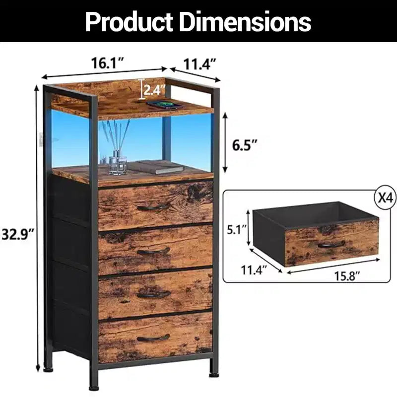 Comodino alto moderno con luci a LED - 4 cassetti in tessuto, ripiano superiore, struttura in acciaio, armadietto stretto per camera da letto, dormitorio, tavolino laterale per divano in corridoio