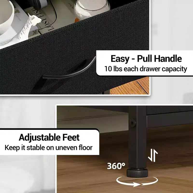 Comodino alto moderno con luci a LED - 4 cassetti in tessuto, ripiano superiore, struttura in acciaio, armadietto stretto per camera da letto, dormitorio, tavolino laterale per divano in corridoio