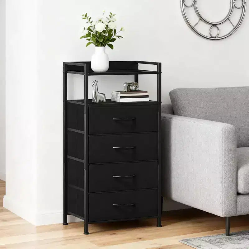 Comodino alto moderno con luci a LED - 4 cassetti in tessuto, ripiano superiore, struttura in acciaio, armadietto stretto per camera da letto, dormitorio, tavolino laterale per divano in corridoio