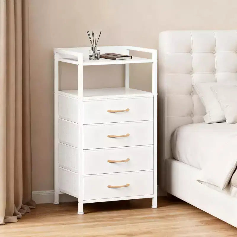 Comodino alto moderno con luci a LED - 4 cassetti in tessuto, ripiano superiore, struttura in acciaio, armadietto stretto per camera da letto, dormitorio, tavolino laterale per divano in corridoio