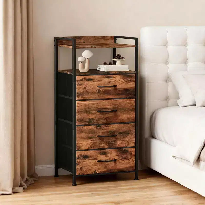 Comodino alto moderno con luci a LED - 4 cassetti in tessuto, ripiano superiore, struttura in acciaio, armadietto stretto per camera da letto, dormitorio, tavolino laterale per divano in corridoio