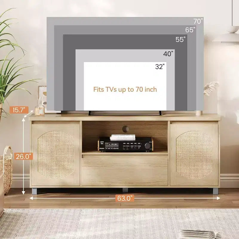 Mobile TV in Rattan Boho (adatto per TV da 70 pollici) con Ripiano Regolabile e Cassetto, Credenza Multimediale Finitura Rovere per Soggiorno e Camera da Letto