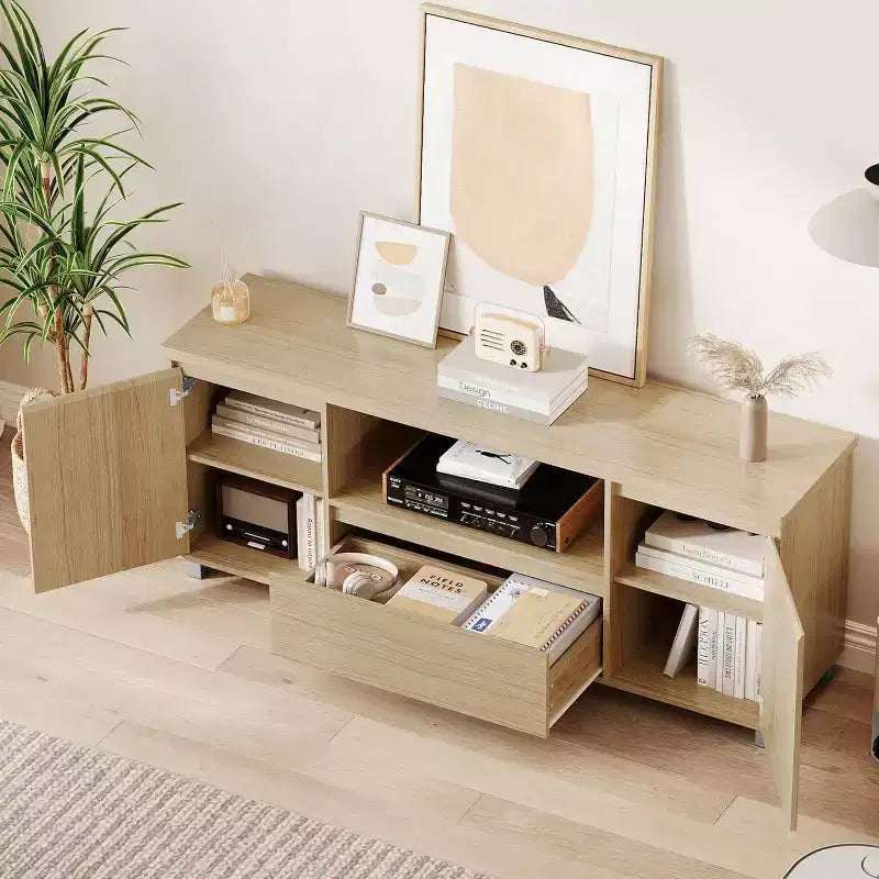 Mobile TV in Rattan Boho (adatto per TV da 70 pollici) con Ripiano Regolabile e Cassetto, Credenza Multimediale Finitura Rovere per Soggiorno e Camera da Letto